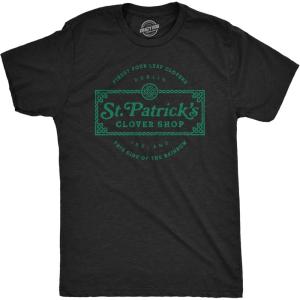 Mens St. Patricks Clover Shop T Shirt Funny Saint Paddy’s Day Parade Graphic Novelty Tee for Guys(Heather Black)