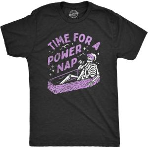 Mens Time for A Power Nap T Shirt Funny Halloween Sleepy Skeleton Coffin Joke Tee for Guys(Heather Black – Powernap)