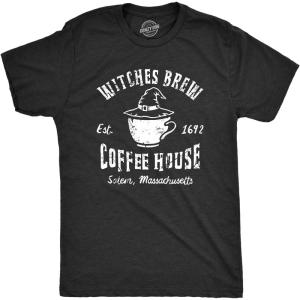 Mens Witches Brew Coffee House T Shirt Funny Halloween Party Witch Cafe Tee for Guys(Heather Black – Witches)