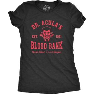 Womens Dr Aculas Blood Bank T Shirt Funny Scary Halloween Party Vampire Donor Tee for Ladies(Heather Black – Dracula)