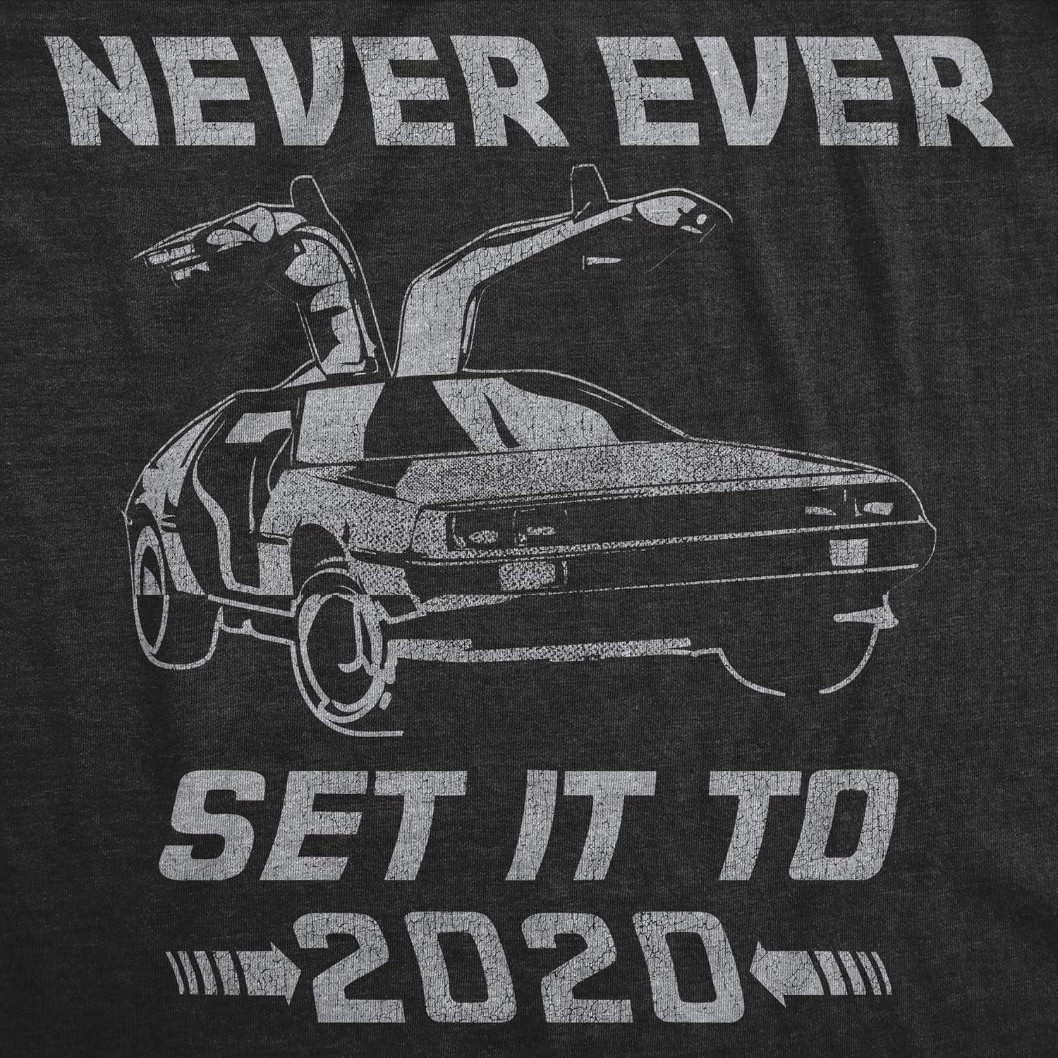 imageMens Never Ever Set It to 2020 T Shirt Funny Time Travel Car Movie Graphic TeeHeather Black