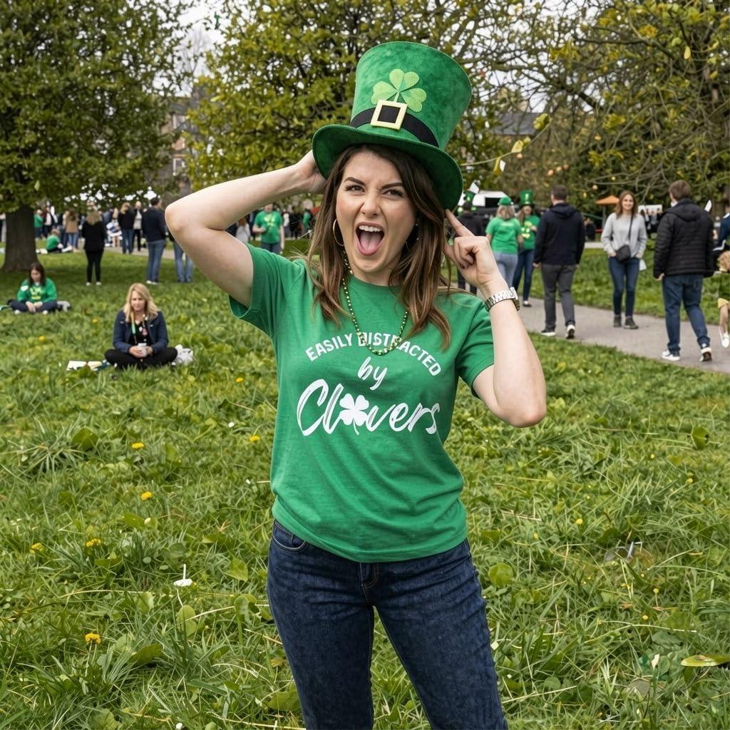 imageWomens Easily Distracted by Clovers T Shirt Funny Saint Patricks Day Four Leaf Clover Novelty Graphic Tee for LadiesHeather Green