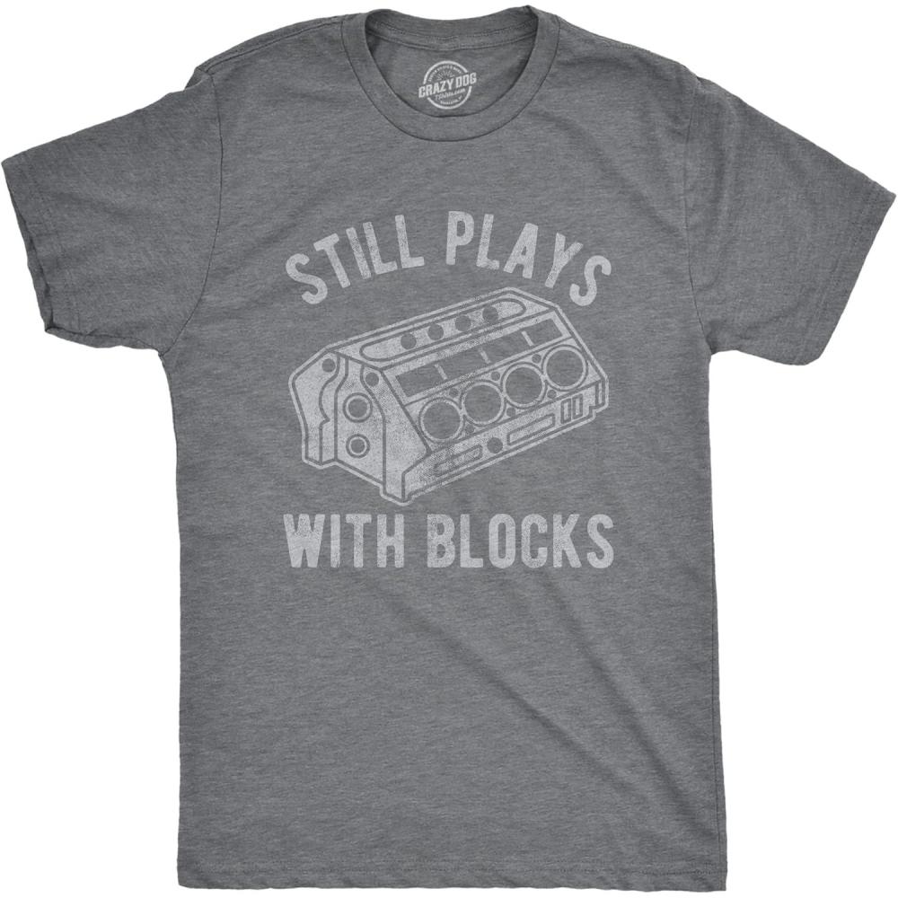 imageMens Still Plays with Blocks T Shirt Funny Car Mechanic Racing Garage GraphicDark Heather Grey