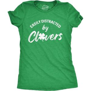 Womens Easily Distracted by Clovers T Shirt Funny Saint Patrick’s Day Four Leaf Clover Novelty Graphic Tee for Ladies(Heather Green)