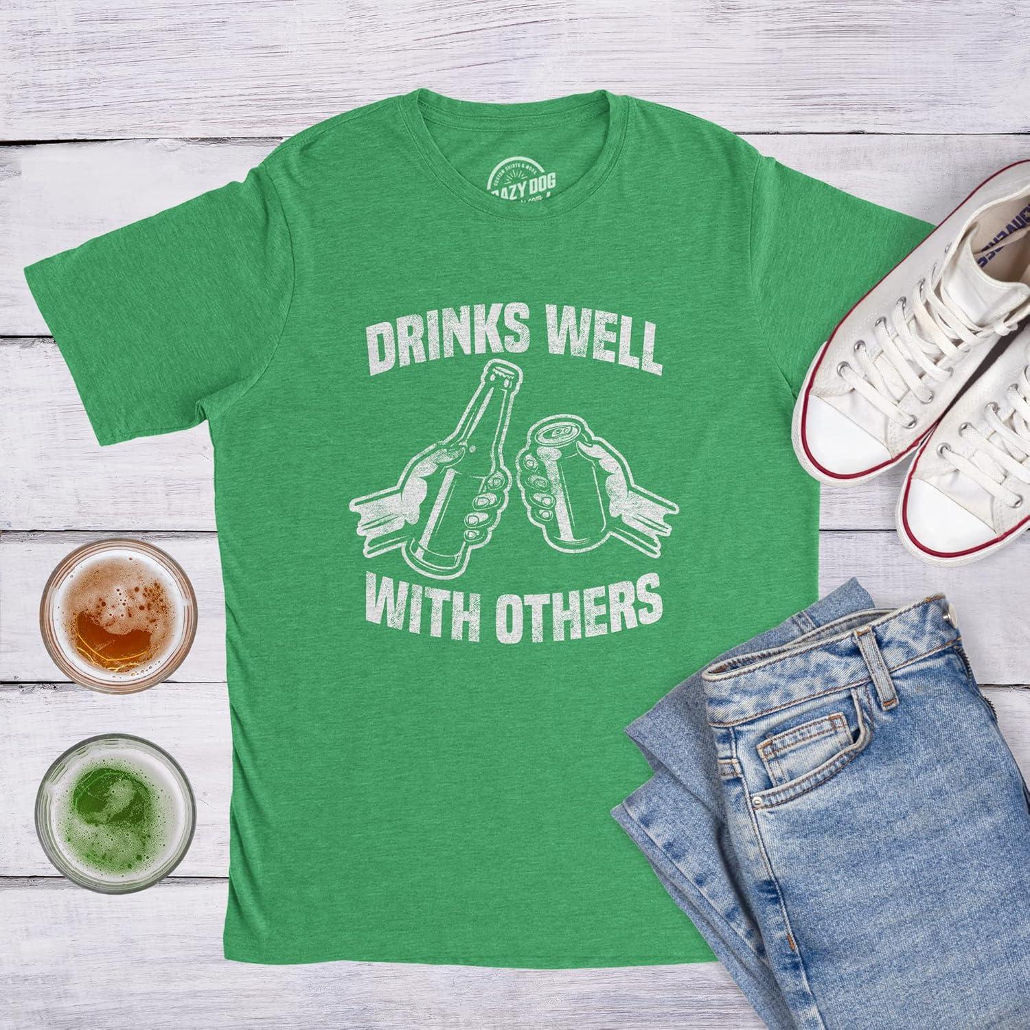 imageMens Funny St Patricks Day Shirt Drinks Well with Others Graphic Tee Irish Drinking Party OutfitHeather Green