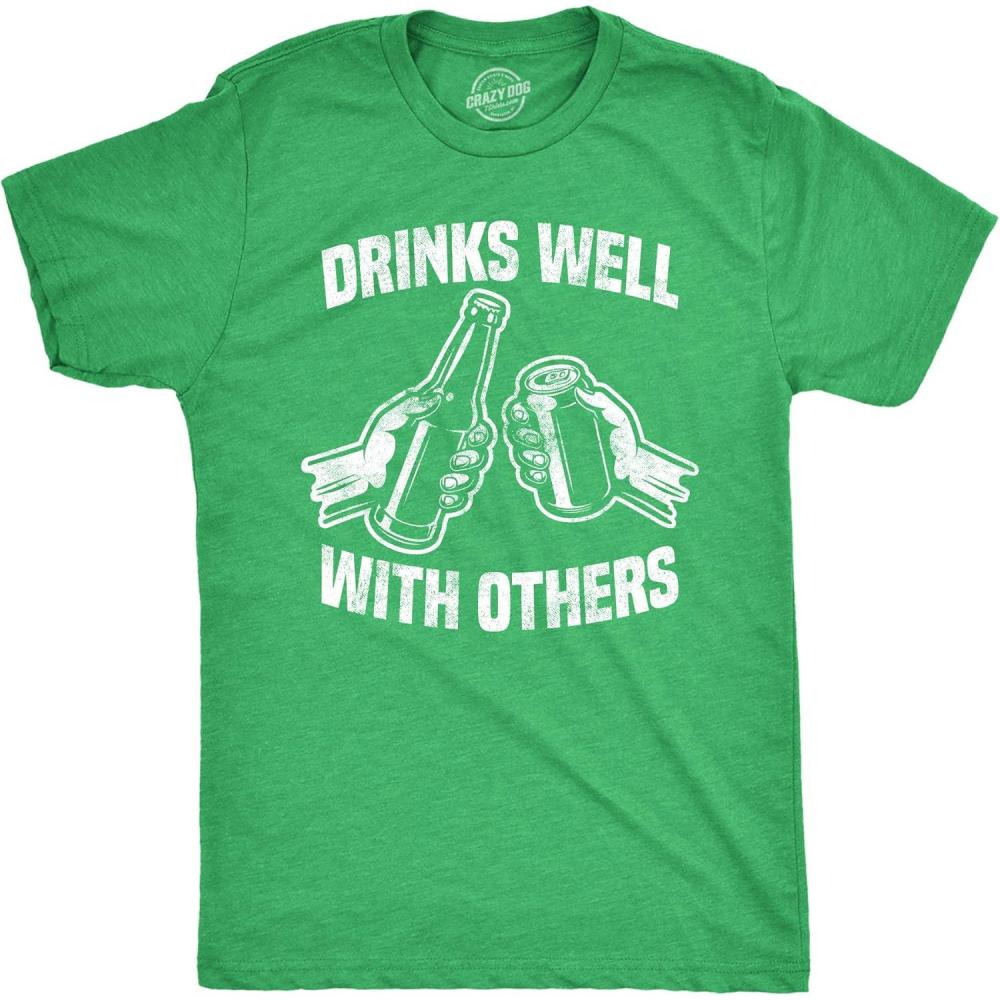 imageMens Funny St Patricks Day Shirt Drinks Well with Others Graphic Tee Irish Drinking Party OutfitHeather Green