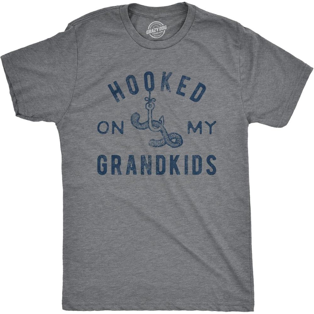 imageMens Hooked On My Grandkids T Shirt Funny Fishing Grandpa Novelty Graphic TeeDark Heather Grey  Hooked Grandkids