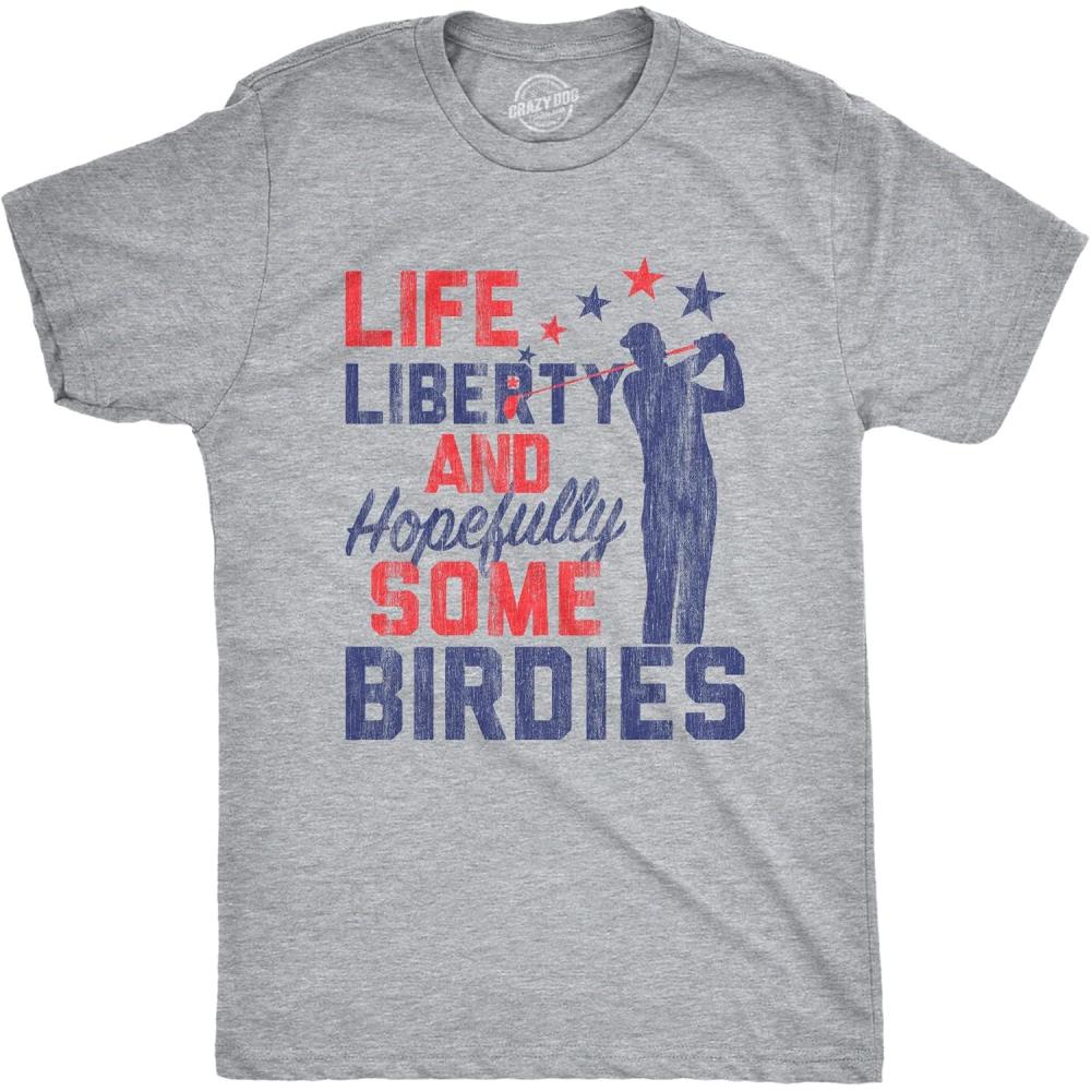 imageMens Life Liberty Hopefully Some Birdies T Shirt Funny Golf Tee Cool USA Golfing GiftLight Heather Grey