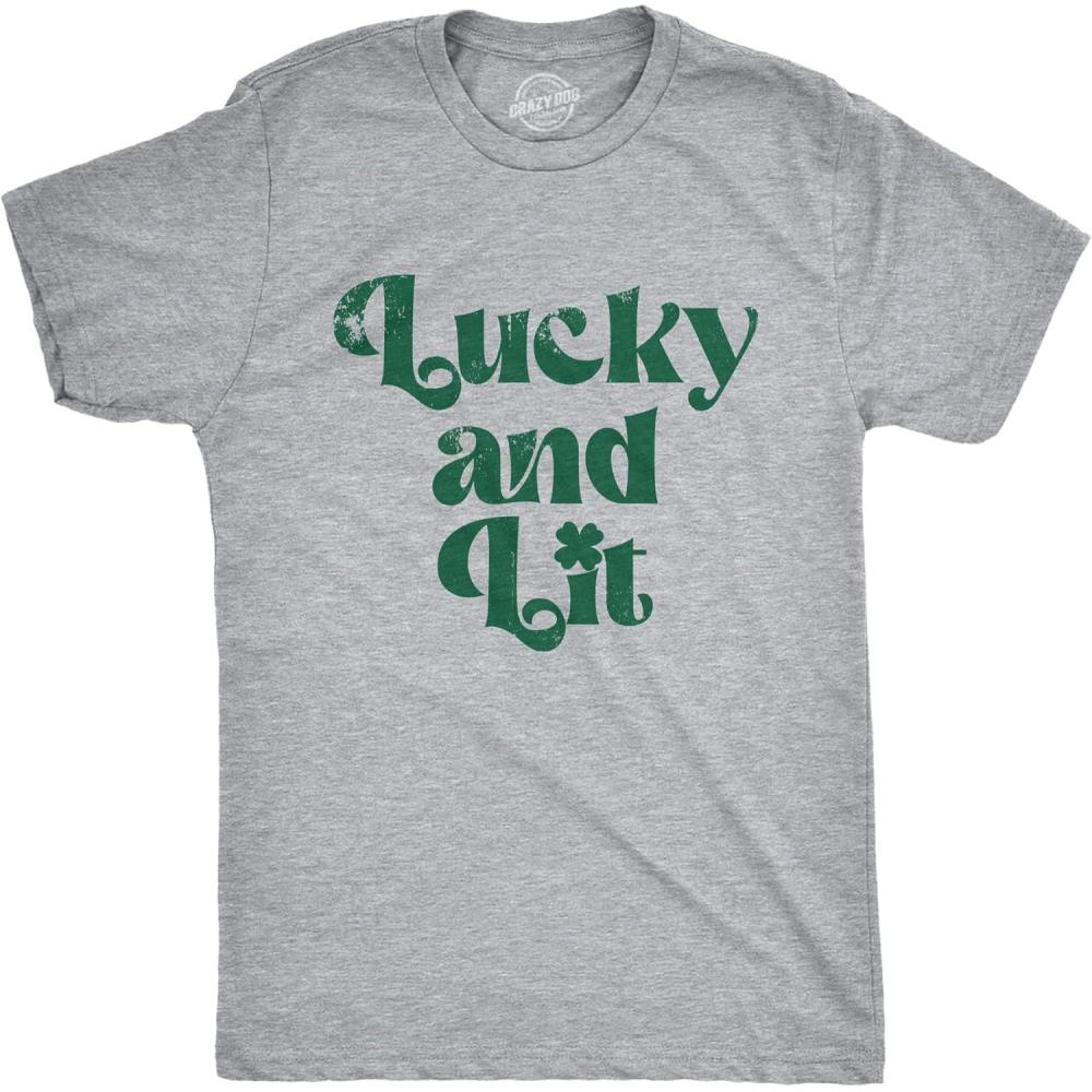 imageMens T Shirts Lucky and Lit Funny St Patricks Day Drinking Tee for GuysLight Heather Grey Lit