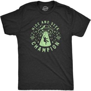 Mens Hide and Seek Champion Alien T Shirt Funny UFO Space Graphic Novelty Tee(Heather Black)