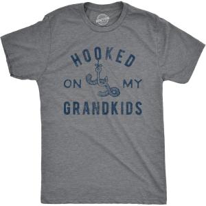 Mens Hooked On My Grandkids T Shirt Funny Fishing Grandpa Novelty Graphic Tee(Dark Heather Grey – Hooked Grandkids)