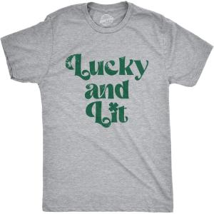 Mens T Shirts Lucky and Lit Funny St Patricks Day Drinking Tee for Guys(Light Heather Grey – Lit)