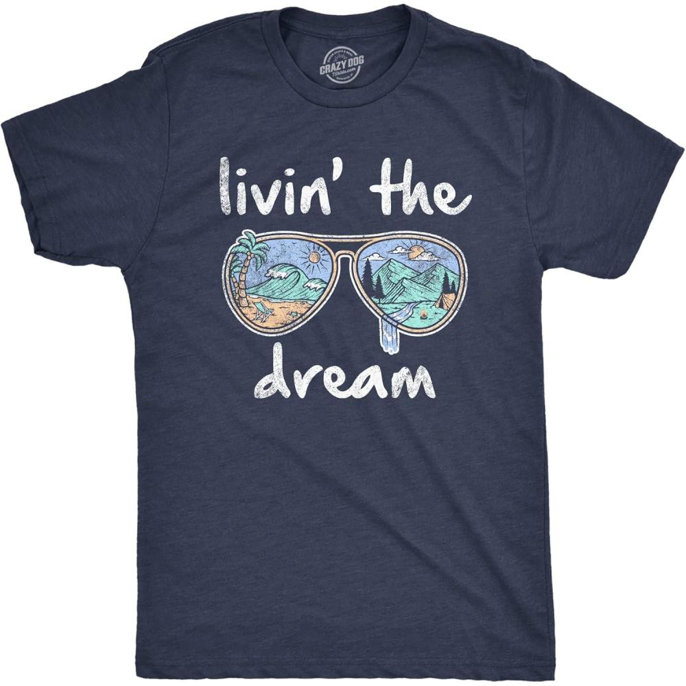 imageMens Living The Dream T Shirt Cool Vacation Tee Graphic Novelty Tee Beach for GuysHeather Navy