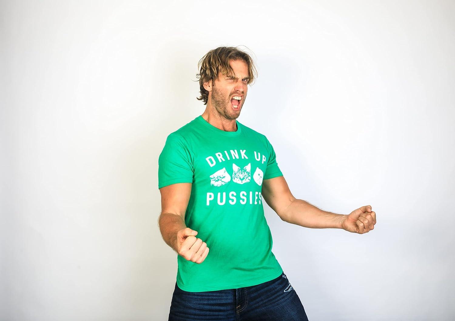 imageFunny Cat Drinking Shirt Drink Up Pussies Novelty Graphic Tee Adult Humor St Patricks Day amp Party WearHeather Black