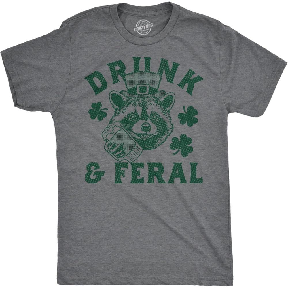 imageMens Funny T Shirts Drunk and Feral Sarcastic St Patricks Day Graphic Drinking Tee for Men