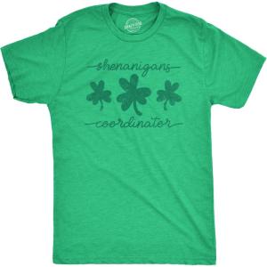 Mens Shenanigans Coordinator T Shirt Funny Saint Patrick’s Day Parade Graphic Novelty Tee for Guys(Heather Green)