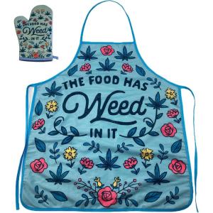 The Food Has Weed in It Funny Marijuana 420 Novelty Kitchen Accessories Funny Graphic Kitchenwear 420 Cool Food Novelty Cookware Green Oven Mitt(Oven Mitt + Apron)