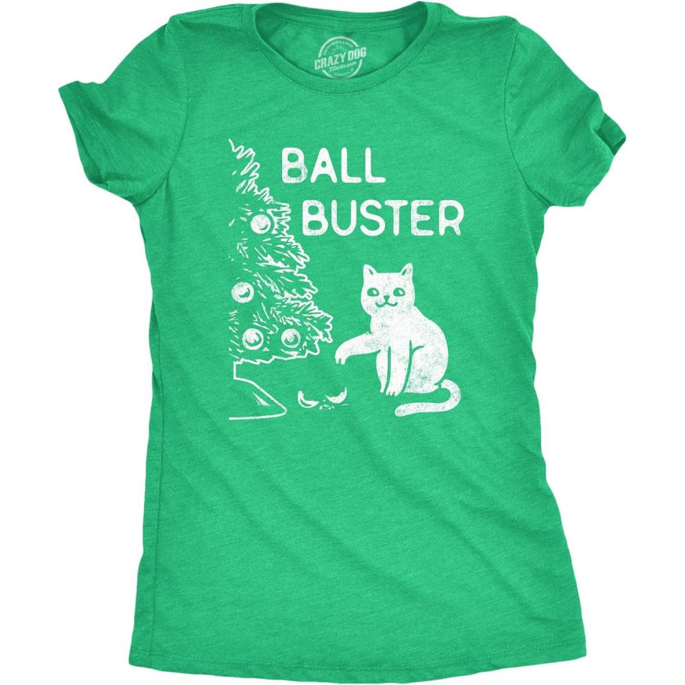 imageWomens Ball Buster T Shirt Funny Christmas Tree Cat Ornaments Graphic TeeHeather Green