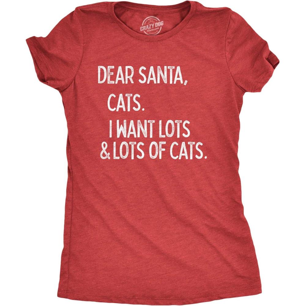 imageWomens Dear Santa Cats I Want Lots and Lots of Cats T Shirt Funny Pet Kitty Christmas Graphic TeeHeather Red