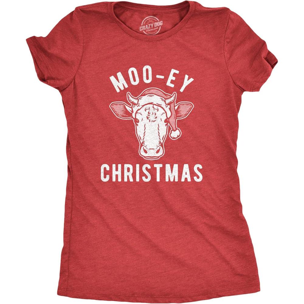 imageWomens Mooey Christmas T Shirt Funny Holiday Festive Cow Merry Xmas Graphic TeeHeather Red