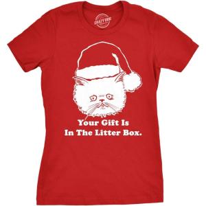 Womens Gift is in The Litter Box Funny Crazy Cat Christmas Holiday T Shirt(Red)
