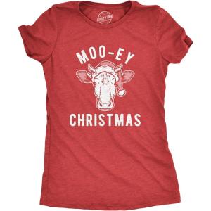 Womens Moo-ey Christmas T Shirt Funny Holiday Festive Cow Merry Xmas Graphic Tee(Heather Red)
