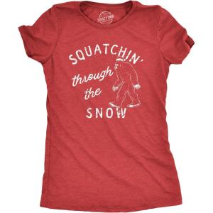 Womens Squatchin Through The Snow T Shirt Funny Xmas Bigfoot Sasquatch Tee for Ladies(Heather Red – Squatchin)