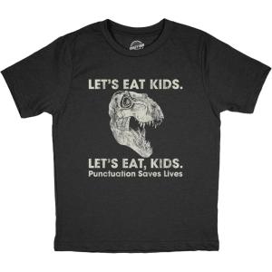 Youth Lets Eat Kids Punctuation Saves Lives T Shirt Funny Dinosaur Grammar Police Graphic Tee(Heather Black)