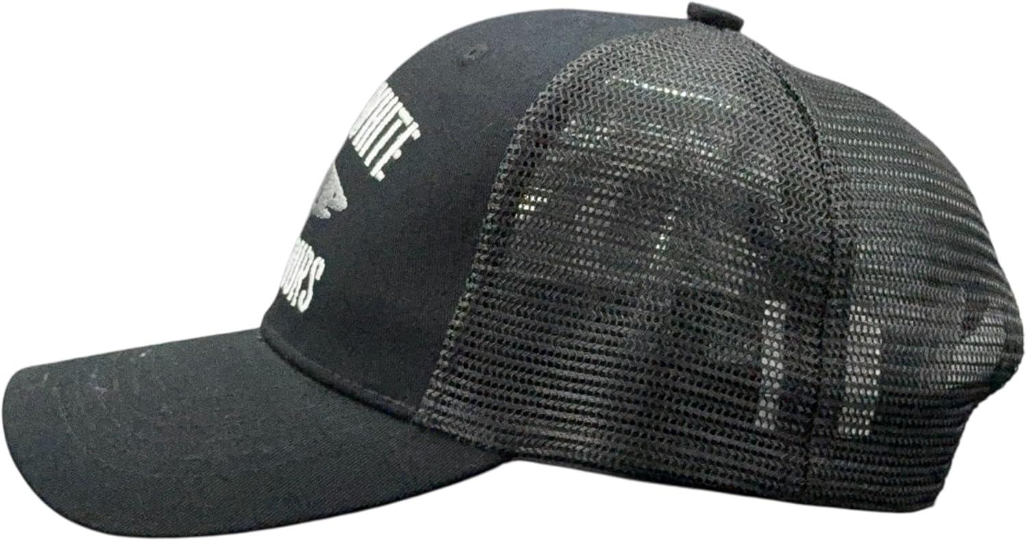 imageFunny Hat for Men Great White Shark Tours Embroidered Graphic with Shark Bite Brim Detail Mesh Back Novelty Trucker Cap for Comfortable Casual Ocean Themed Everyday Wear Standard