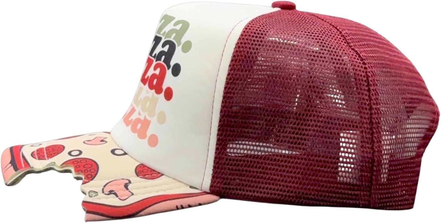imageFunny Pizza Hat for Men Pizza Bite Brim Graphic Cap with Food Themed Print Mesh Back Novelty Trucker Hat for Comfortable Casual Everyday Wear and Playful Foodie Style Standard