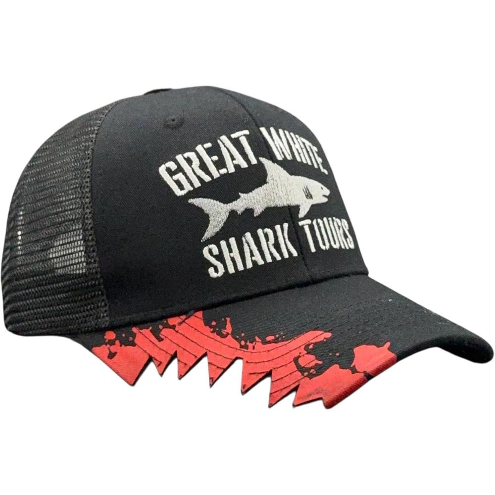 imageFunny Hat for Men Great White Shark Tours Embroidered Graphic with Shark Bite Brim Detail Mesh Back Novelty Trucker Cap for Comfortable Casual Ocean Themed Everyday Wear Standard