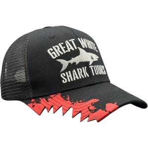 Funny Hat for Men – Great White Shark Tours Embroidered Graphic with Shark Bite Brim Detail – Mesh Back Novelty Trucker Cap for Comfortable Casual Ocean Themed Everyday Wear Standard