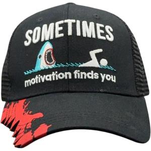 Sometimes Motivation Finds You Hat Funny Sarcastic Shark Graphic Novelty Cap(Black Bite – Motivation Finds You)