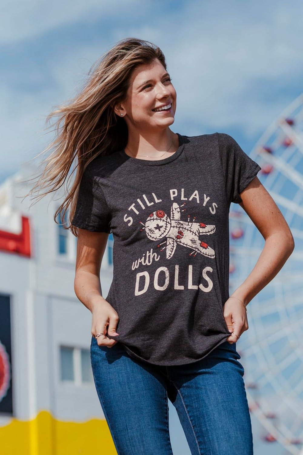 imageWomens Still Plays with Dolls Funny Creepy Voodoo Curse Tee for LadiesHeather Black Dolls