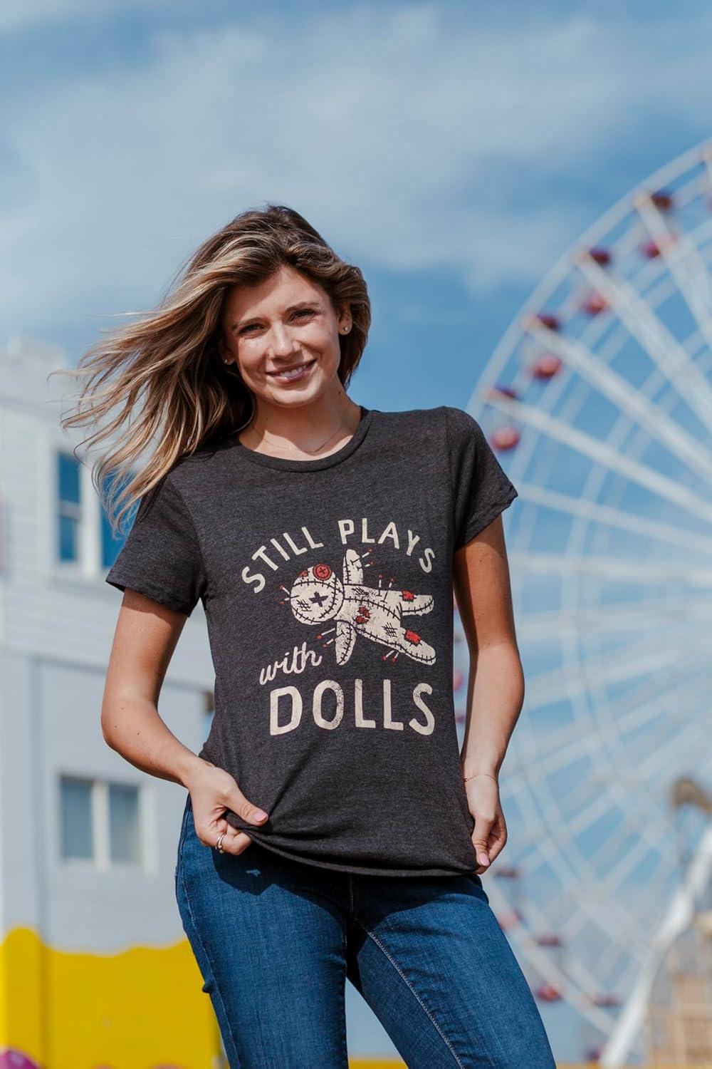 imageWomens Still Plays with Dolls Funny Creepy Voodoo Curse Tee for LadiesHeather Black Dolls
