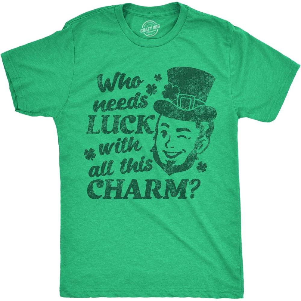 imageMens Funny T Shirts Winking Leprechaun Who Needs Luck with All This Charm Tee for Men