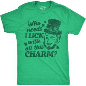 Mens Funny T Shirts Winking Leprechaun Who Needs Luck with All This Charm Tee for Men