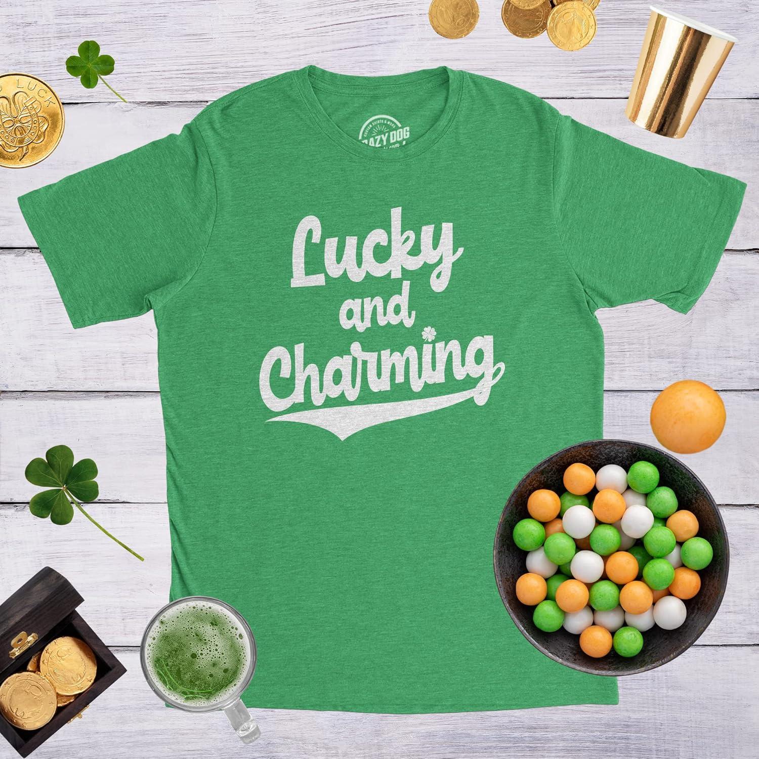 imageMens Lucky and Charming T Shirt Novelty Saint Patricks Day Irish Clover TeeHeather Green