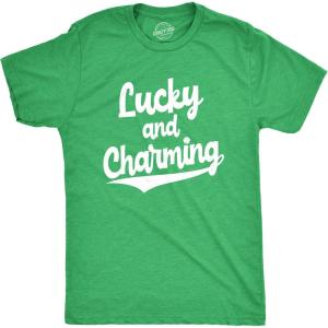 Mens Lucky and Charming T Shirt Novelty Saint Patricks Day Irish Clover Tee(Heather Green)