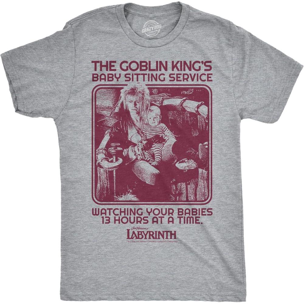 imageMens Funny T Shirts Labyrinth Fellowship Adventure Co Jim Hensons Jim Movie Tee for GuysLight Heather Grey Goblin Kings Babysitting