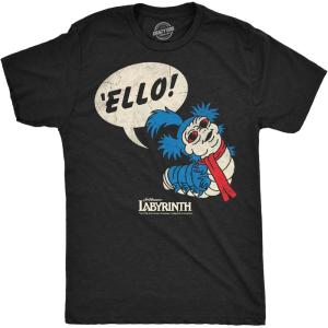 Mens Funny T Shirts Labyrinth Fellowship Adventure Co Jim Henson’s Jim Movie Tee for Guys(Heather Black – Ello Worm)