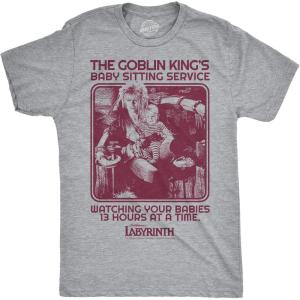 Mens Funny T Shirts Labyrinth Fellowship Adventure Co Jim Henson’s Jim Movie Tee for Guys(Light Heather Grey – Goblin Kings Babysitting)