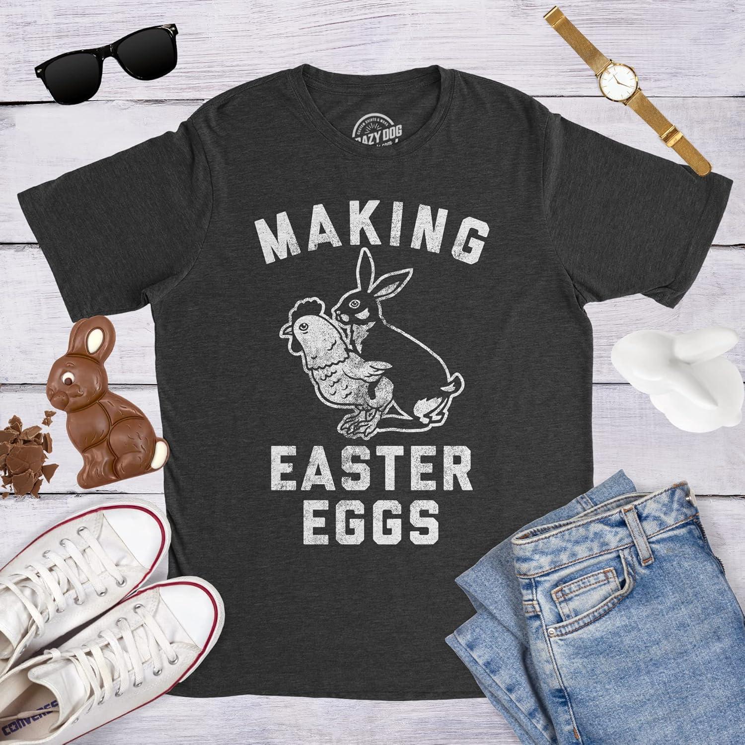 imageFunny Easter T Shirts for Men Sarcastic Bunny Tees for Guys Perfect for BasketsHeather Black Making Easter Eggs