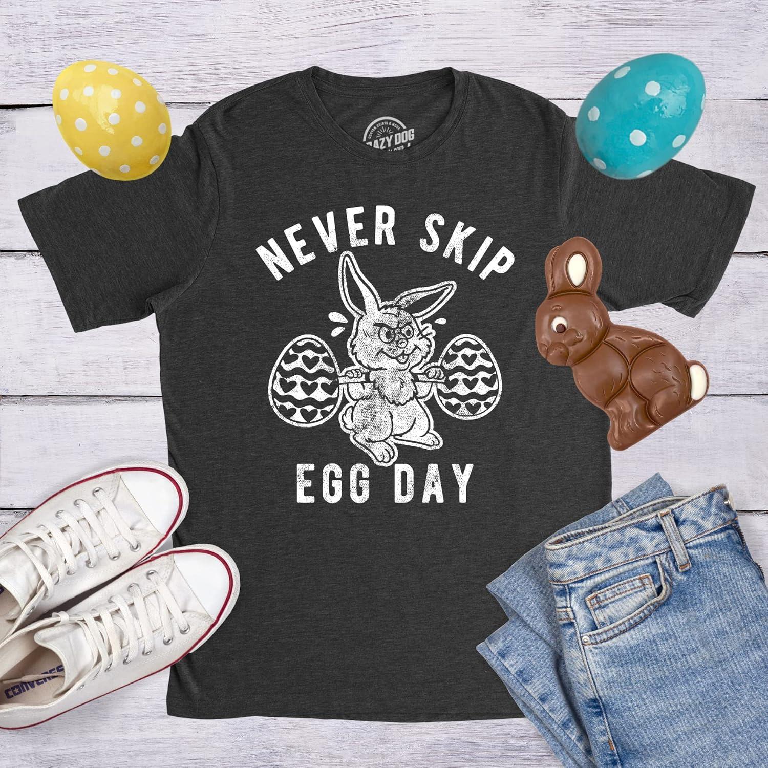 imageMens Never Skip Egg Day T Shirt Funny Easter Bunny Work Out Joke Novelty Tee for Guys