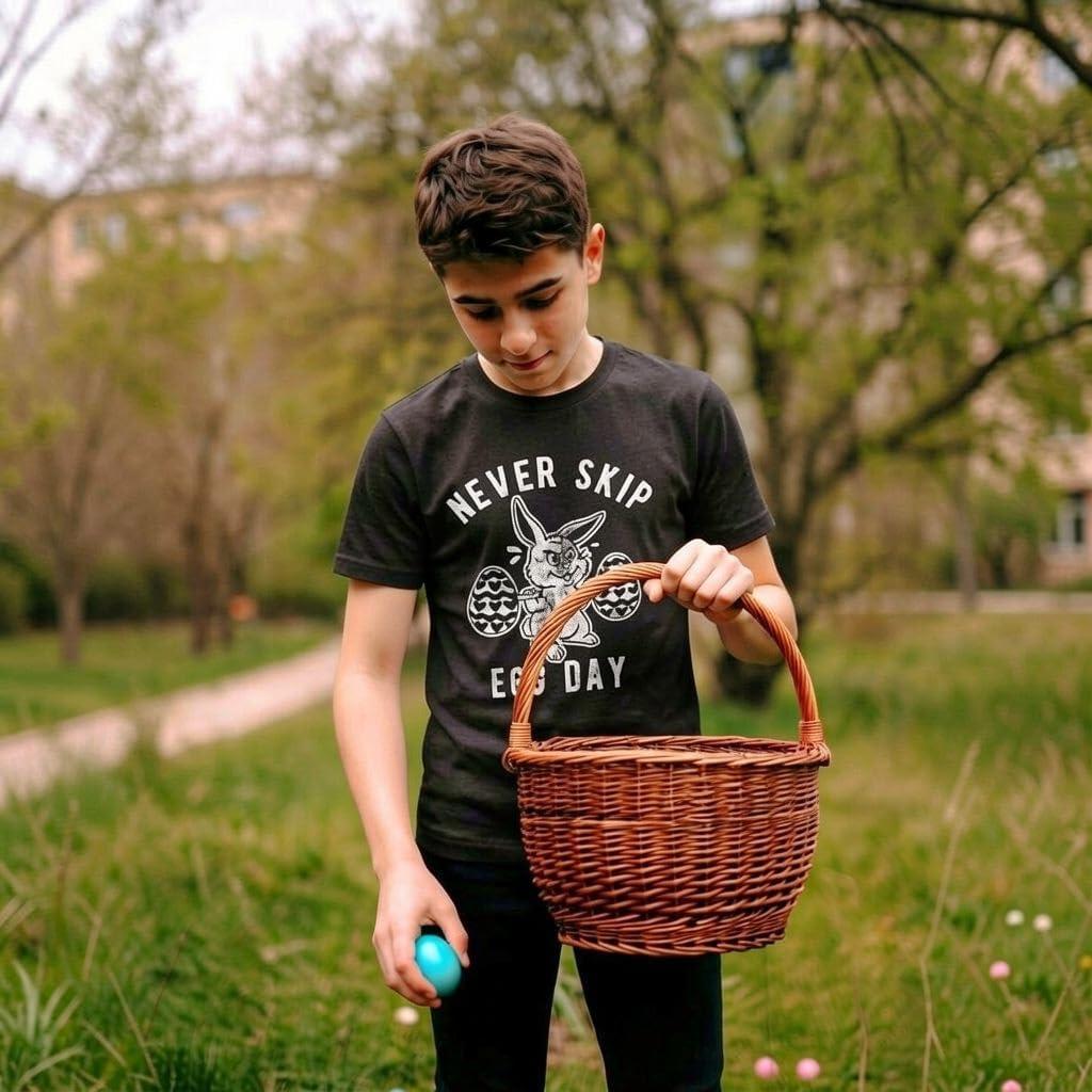 imageMens Never Skip Egg Day T Shirt Funny Easter Bunny Work Out Joke Novelty Tee for Guys