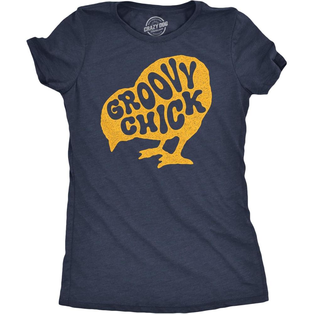 imageFunny Easter T Shirts for Women Cute Bunny Tees for Ladies to Celebrate SpringHeather Navy Groovy Chick