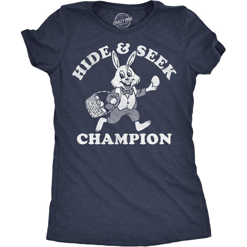 imageFunny Easter T Shirts for Women Cute Bunny Tees for Ladies to Celebrate SpringHeather Navy Hide and Side Easter