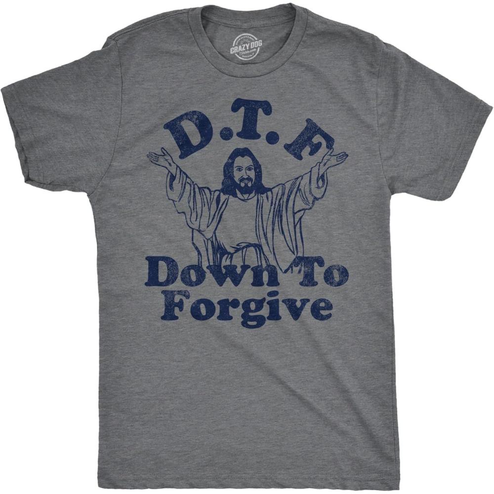 imageMens Funny T Shirts DTF Down to Forgive Sarcastic Religious Tee for MenDark Heather Grey Dtf Down to Forgive
