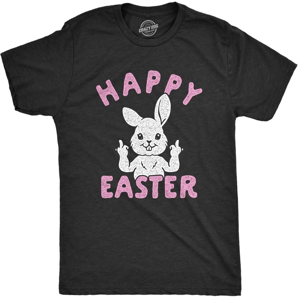 imageMens Happy Easter Middle Finger T Shirt Cute Funny Offensive Bunny Hilarious TopHeather Black