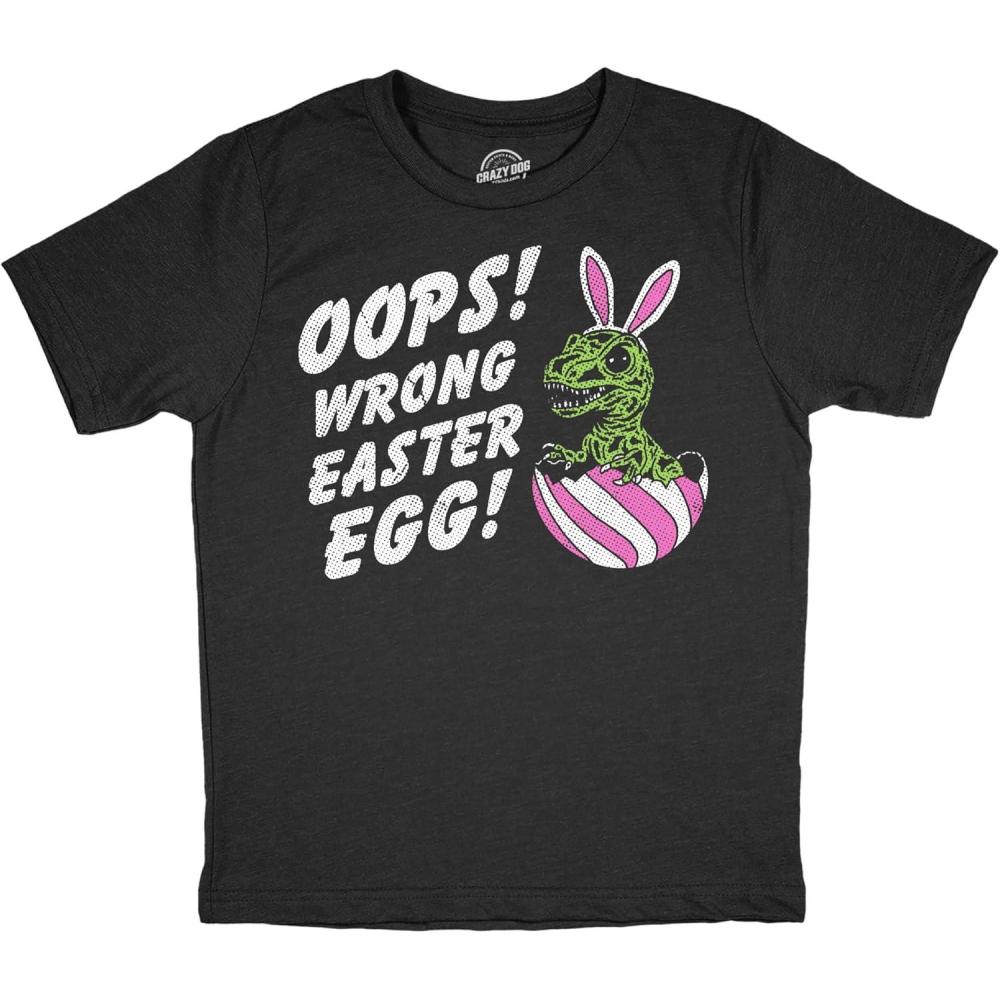 imageYouth Funny T Shirts Oops Wrong Easter Egg Sarcastic Dino Tee for Kids